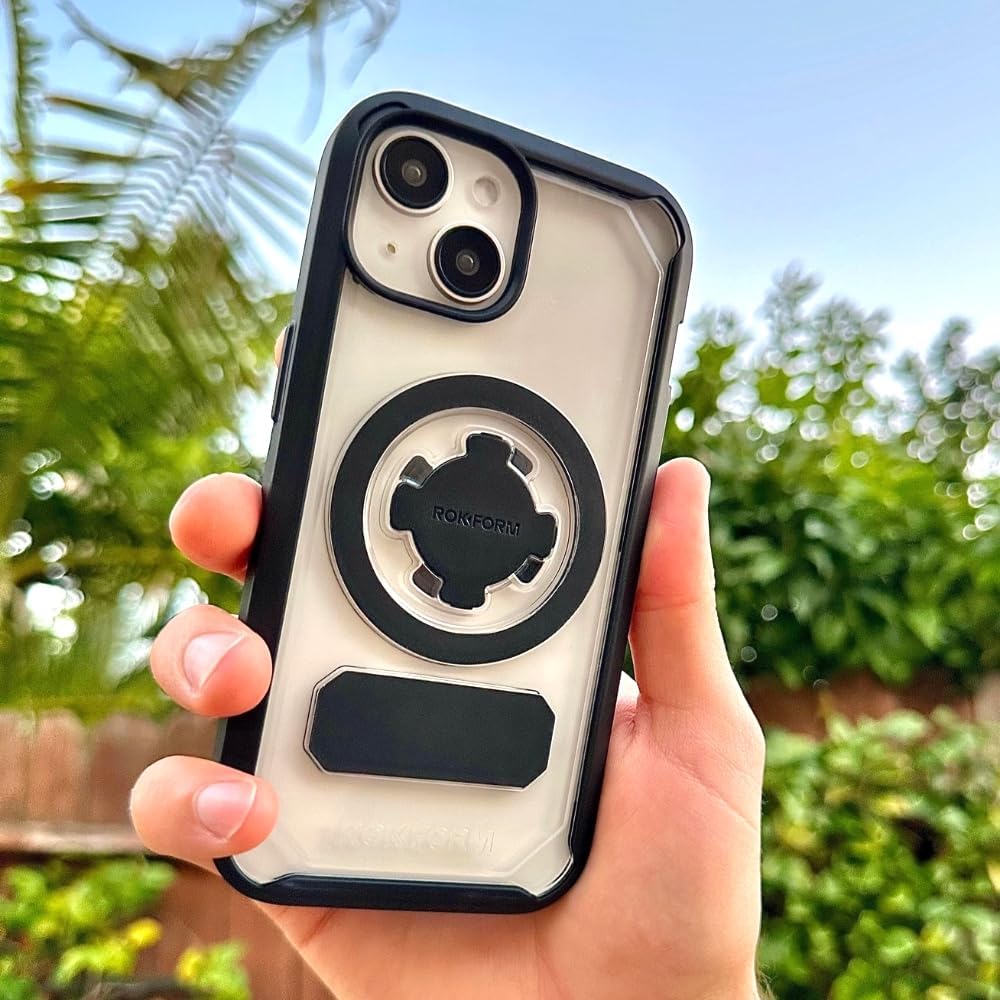 Rokform – Funda para iPhone 15, serie Crystal, funda magnética transparente para iPhone 15 con bloqueo giratorio RokLock, armadura delgada probada