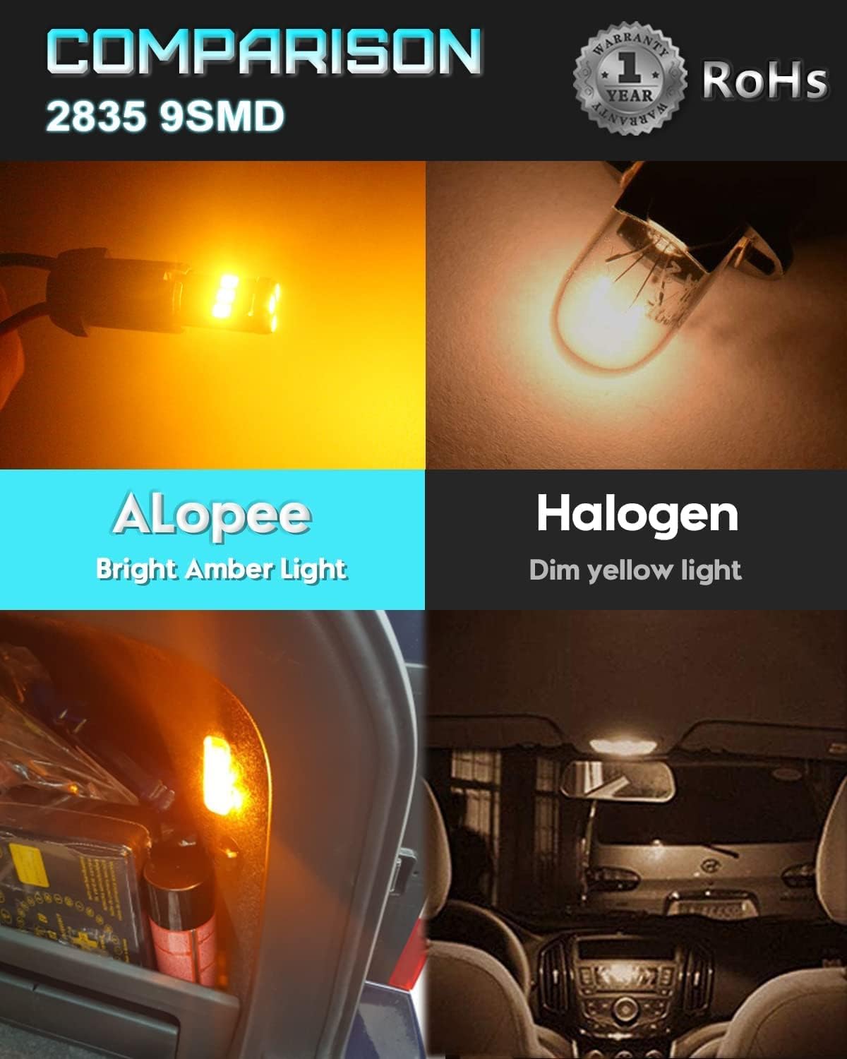 Alopee 4 bombillas LED 194 ámbar, bombilla C194 9SMD 2835 chips, bombilla LED 912, 921 2825 W5W 158 501, repuesto sin errores para luz de marcador