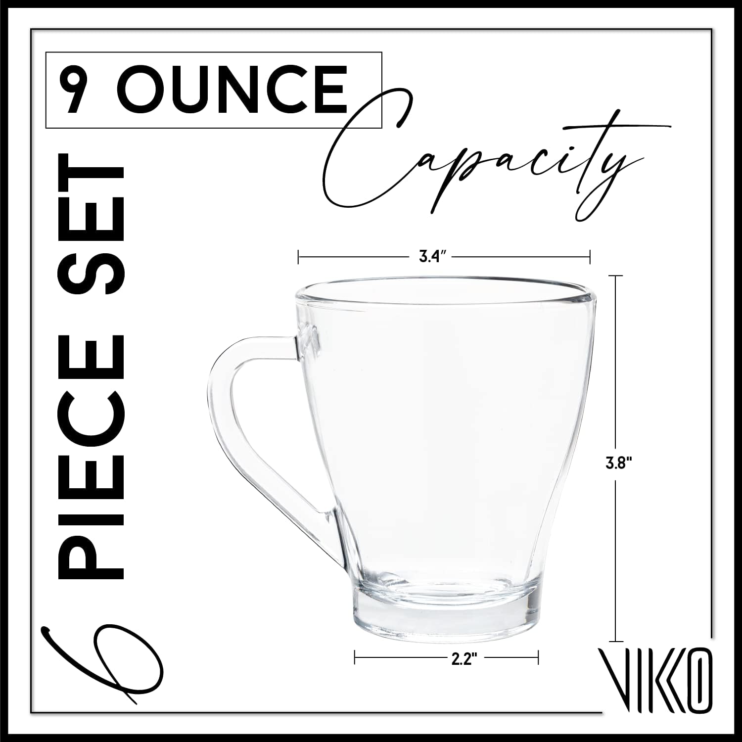 Vikko Tazas de café de vidrio de 9 onzas, gruesas y duraderas para café, té, sidra, ideales para bebidas en capas, aptas para microondas y