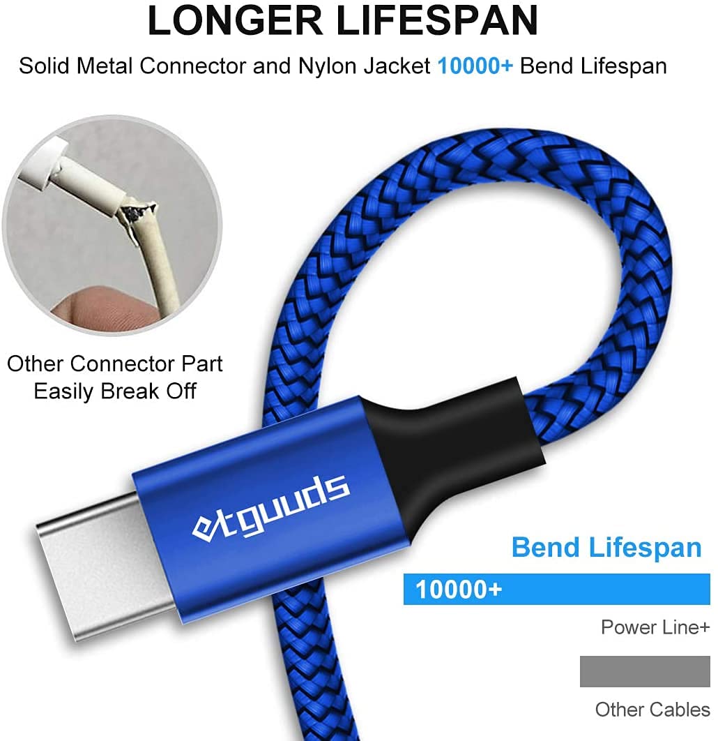 etguuds Cable USB C extralargo de 16 pies, USB-A 2.0 a USB tipo C, cable de carga rápida trenzado de nailon para teléfono y tableta USB-C, azul