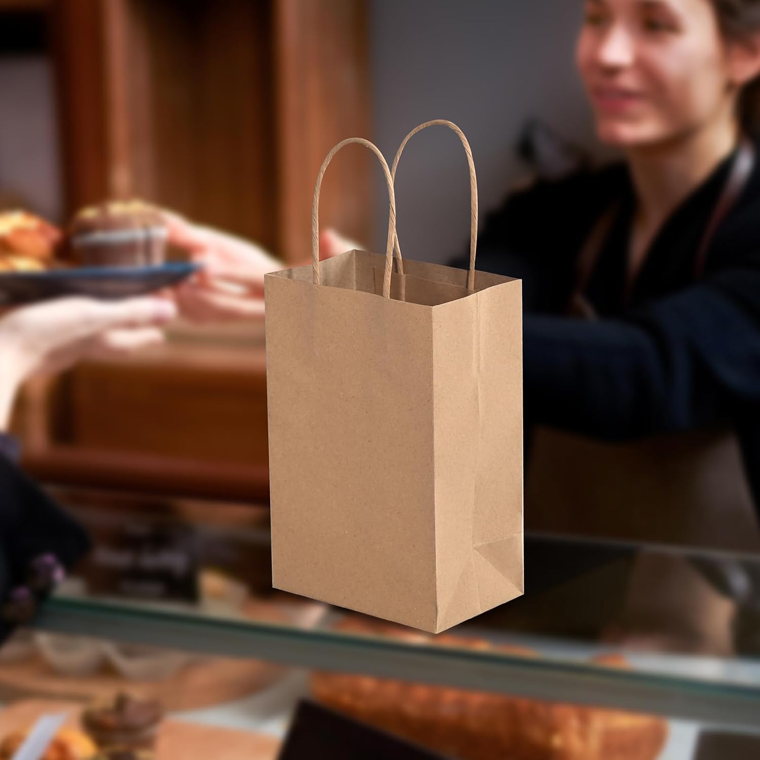 Brothersbox Pequeñas bolsas de papel marrón con asas, 50 unidades, 5.25 x 3.25 x 8 pulgadas, bolsas de papel kraft con asas para negocios, venta al