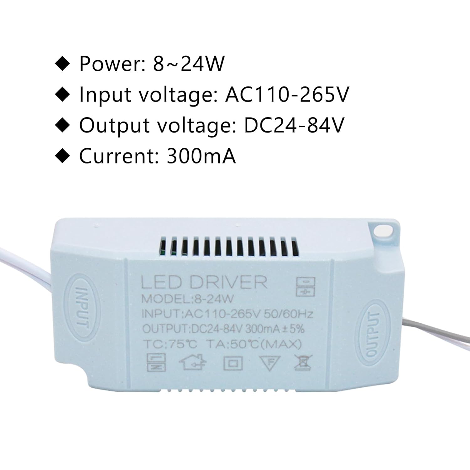 8-24W LED Driver 300mA Corriente constante de alta potencia AC 100-265V Salida 24-36V DC Conector Fuente de alimentación externa Lámpara de techo