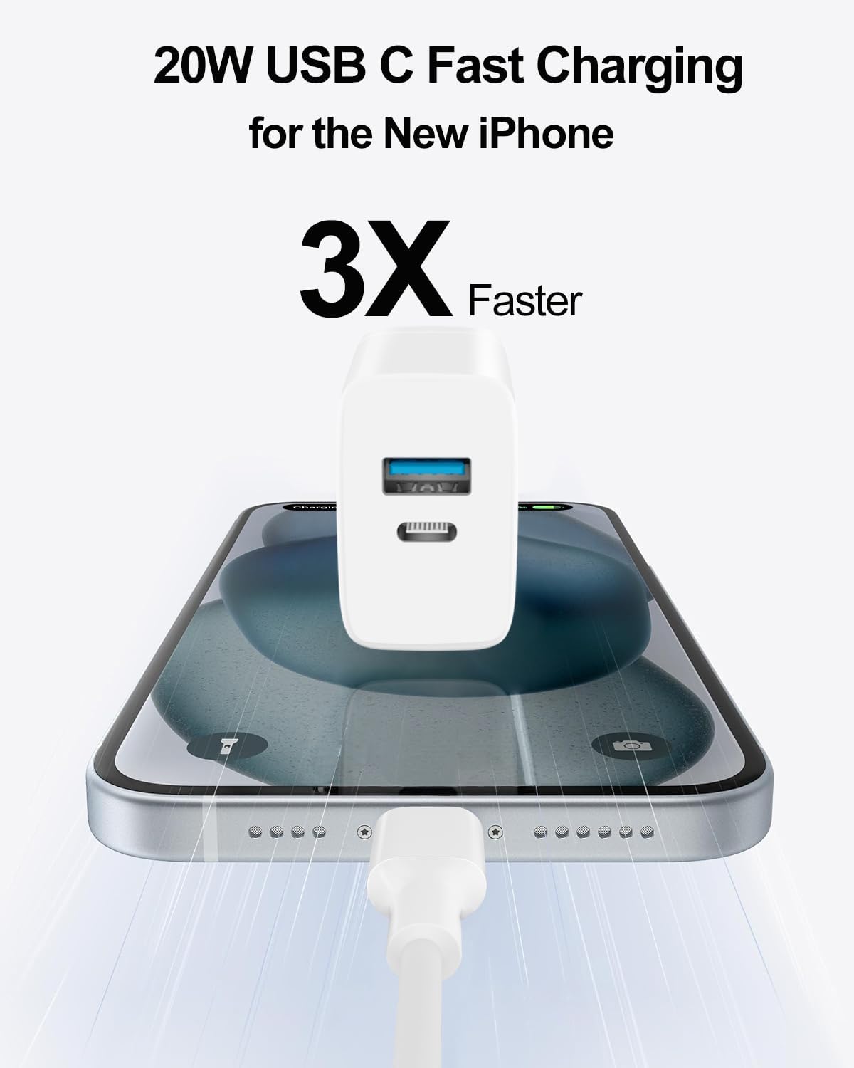 Cargador para iPhone 15, paquete de 20 W, 2 puertos, compacto, plegable, rápido, USB C, con cable de carga USB C a C de 10 pies para iPhone 1515