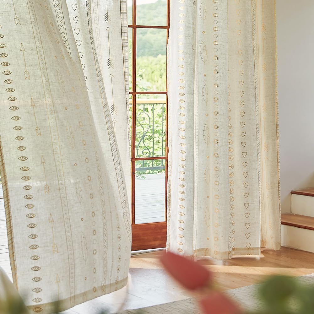 ugoutry Cortinas bohemias doradas para sala de estar, no se transparentan, juego de cortinas de lino de aluminio para ventana, para dormitorio,