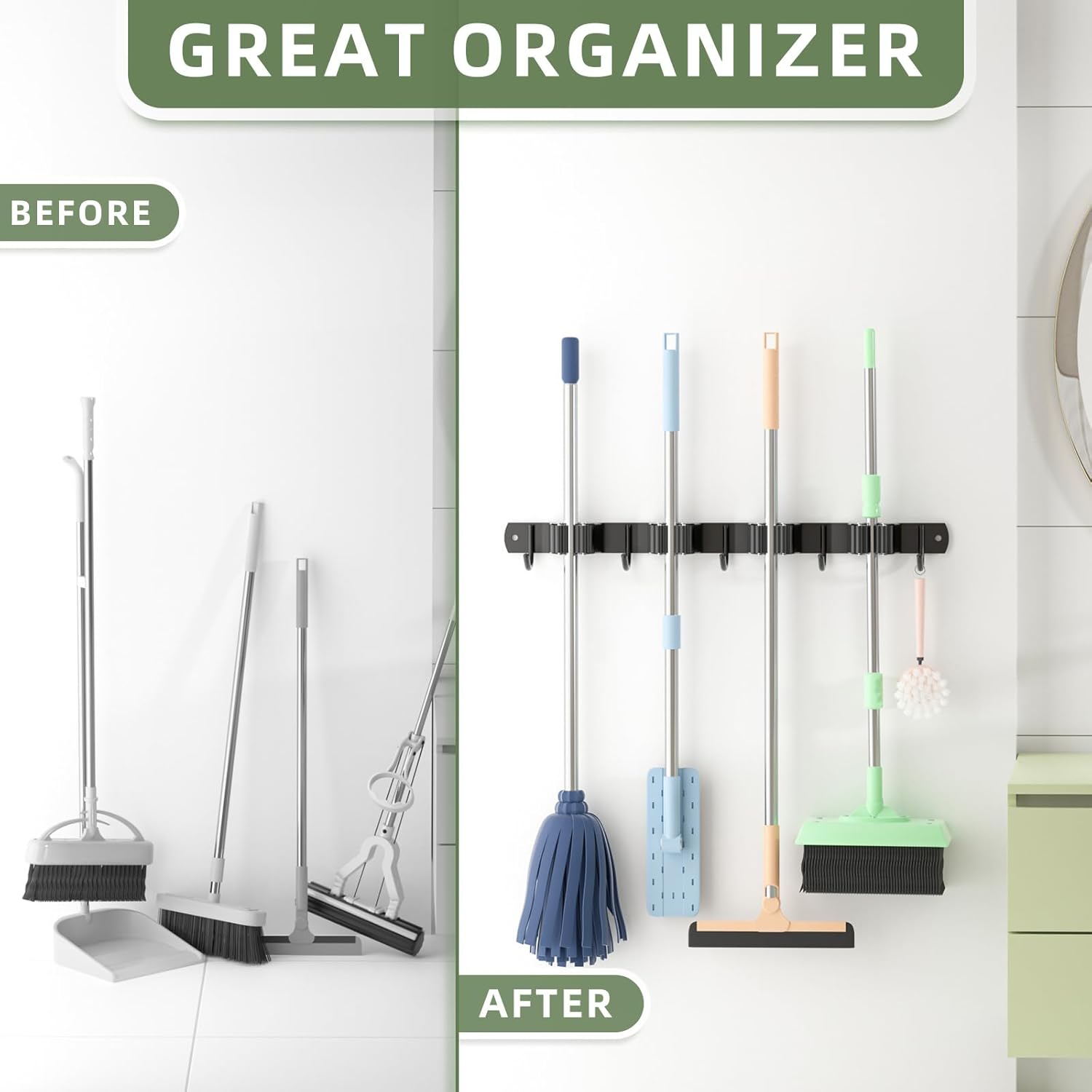 Batur Paquete de 2 soportes de pared para escobas, soporte de escoba mejorado, soporte de pared resistente para trapeador y escoba, súper