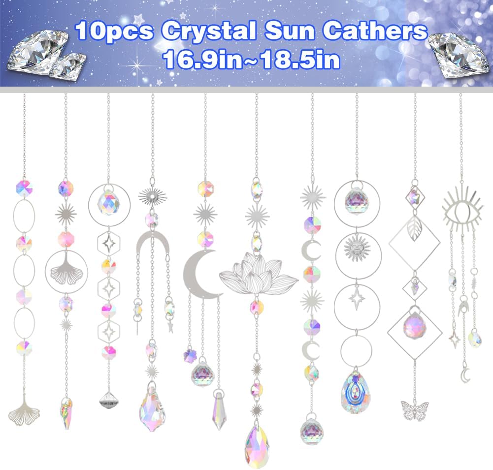 Atrapasoles, 10 piezas de cristal atrapasoles prisma kit para colgar con cadena de arco iris, bolas de cristal, colgantes adornos para ventana