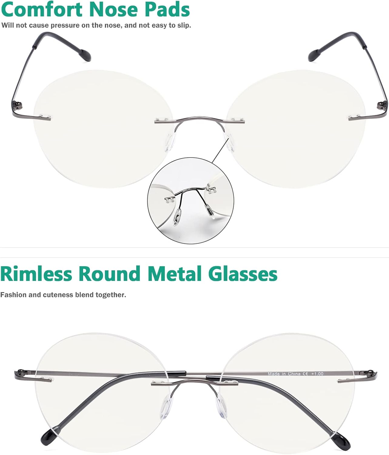 Eyekepper Gafas progresivas sin marco multienfoque para lectores con filtro de luz azul, redondas, retro, lentes de lectura para hombres y mujeres,