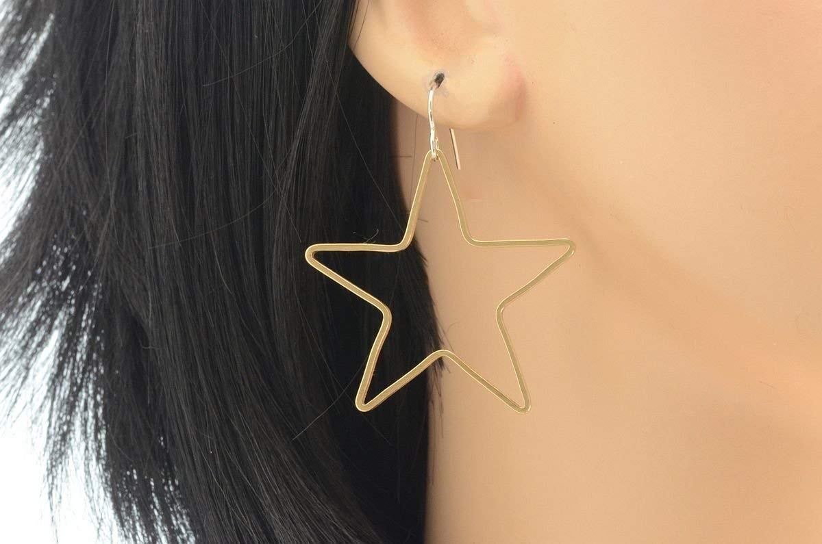 Large star gold brass hoop earrings cowgirl western southwestern dangle earrings for men women