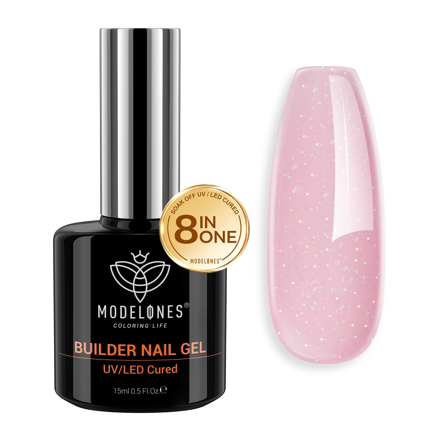 modelones Builder Gel de uñas, 8 en uno, esmalte de uñas de gel constructor con purpurina rosa nude, esmalte de gel con base de goma iridiscente