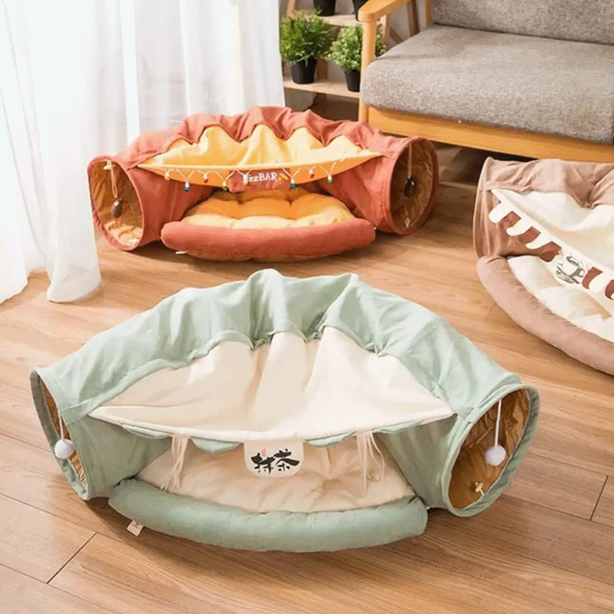 Túneles plegables 2 en 1 para gatos de interior, camas y escondite para mascotas, perros, conejos, tubos suaves para el hogar, juguetes con