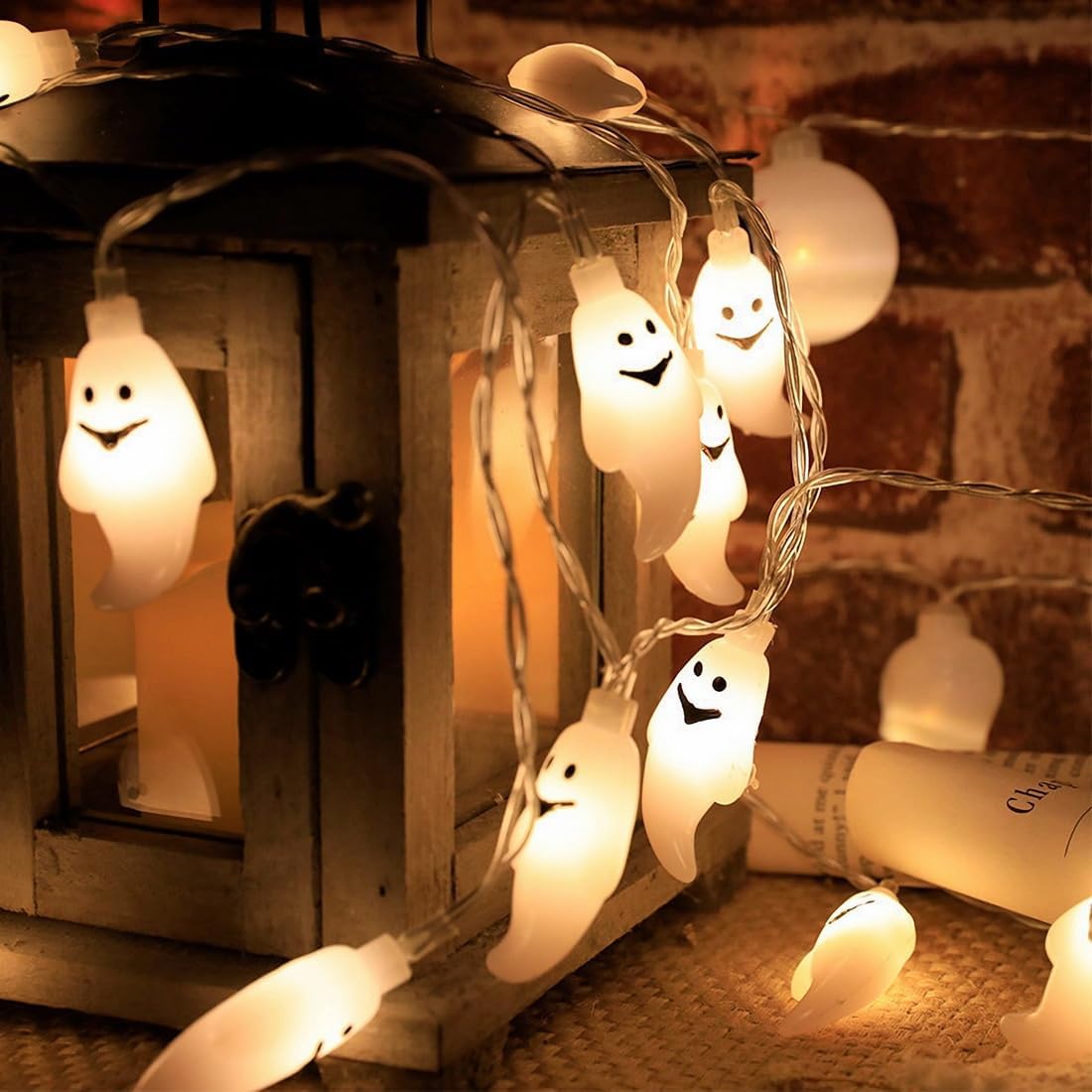 Guirnalda de luces intermitentes de Halloween, 30 luces LED de 12 pies, espíritu de mueca de murciélago de calabaza 3D, para decoración de fiestas