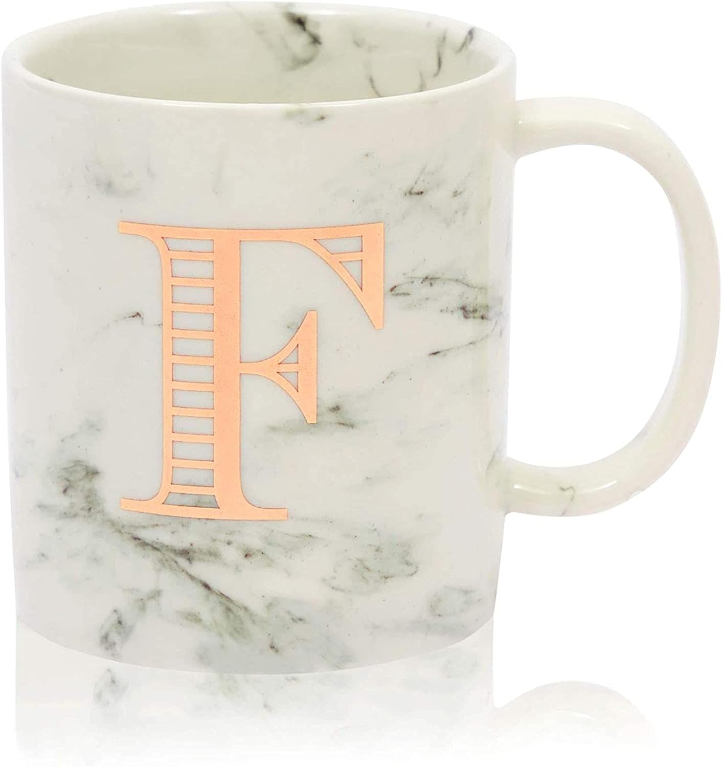 Taza de café de cerámica con letra F de oro rosa, taza de café de cerámica de mármol blanco (11 oz)