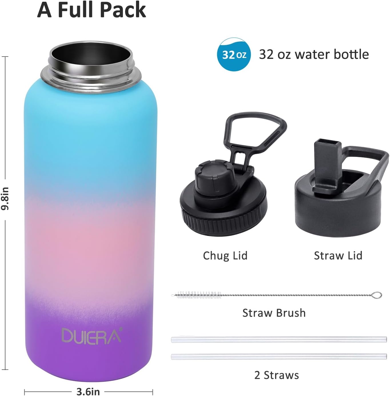 DUIERA Botella de agua de acero inoxidable con popote aislado para bebidas frías, con popote y tapa, botella de agua térmica al vacío para mujer, a