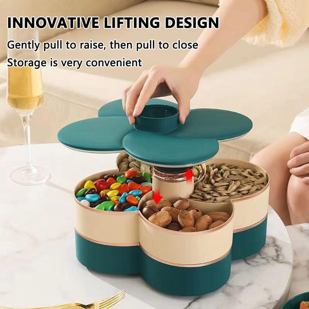Caja de aperitivos con tapa, bandeja giratoria para aperitivos para fiestas, bandeja para servir aperitivos, bandeja de plástico para frutas secas