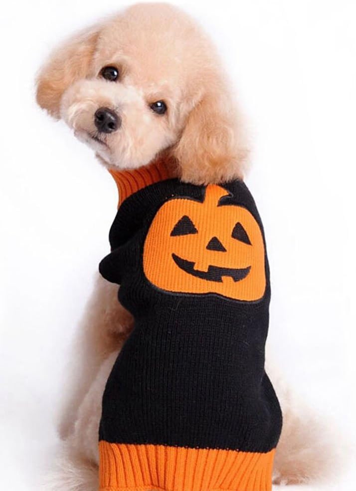 MaruPet Suéter acanalado de dos piernas para perrito de Año Nuevo, prendas de punto, cuello alto, Halloween, calabaza, impreso, chaleco de algodón