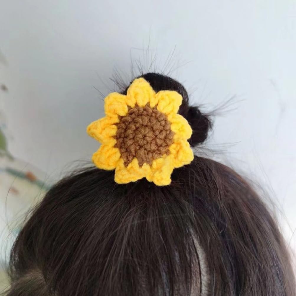 2Pcs Set Hair Ties For Girls, Handmade Cotton Sunflower Hair Rope, Tied Hair Yellow Flower Elastic Hair Bands, Lovely Ponytail Holder Hair Circl,