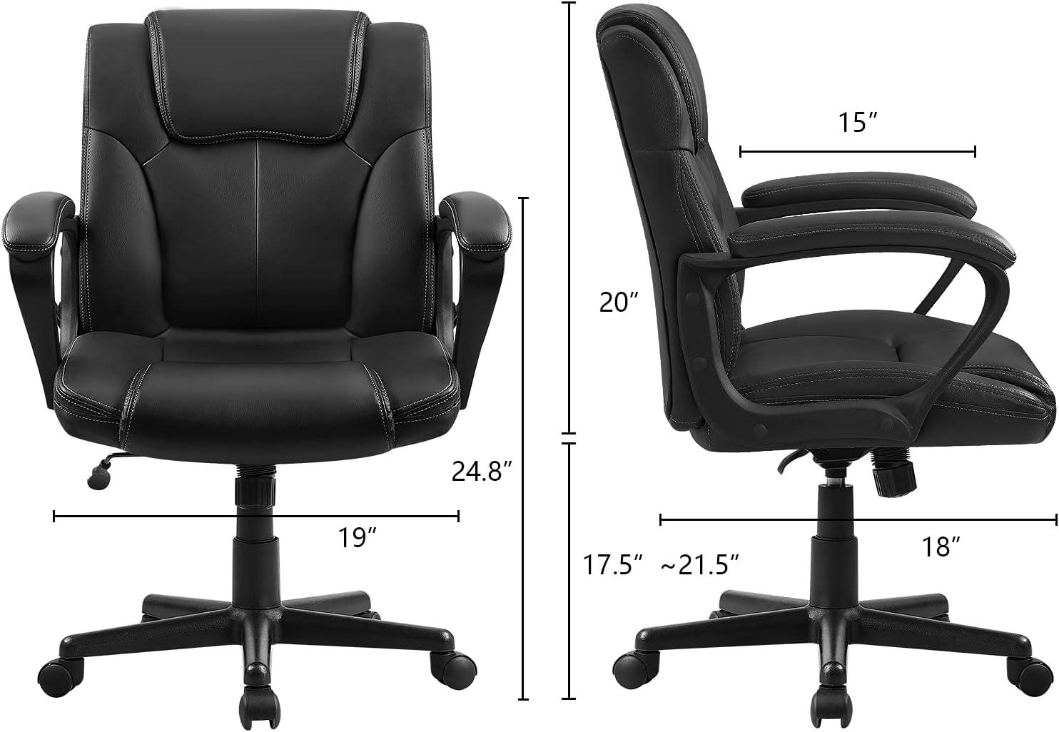 Silla ejecutiva de oficina giratoria con respaldo medio, asiento de escritorio ergonómico acolchado de cuero con soporte lumbar, reposabrazos, color
