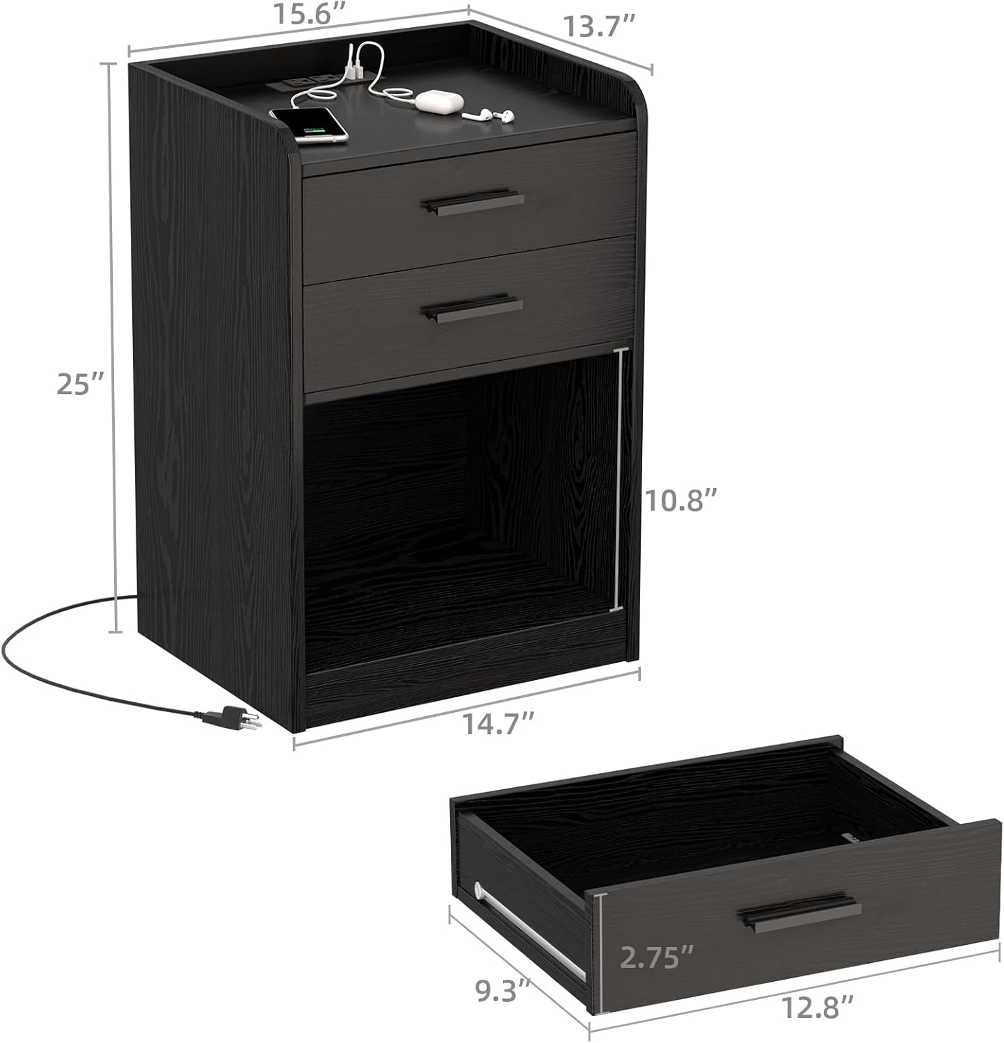 Mesas de noche, mesita de noche LED con estación de carga, mesa auxiliar pequeña de madera con cajón para dormitorio, sala de estar, color negro