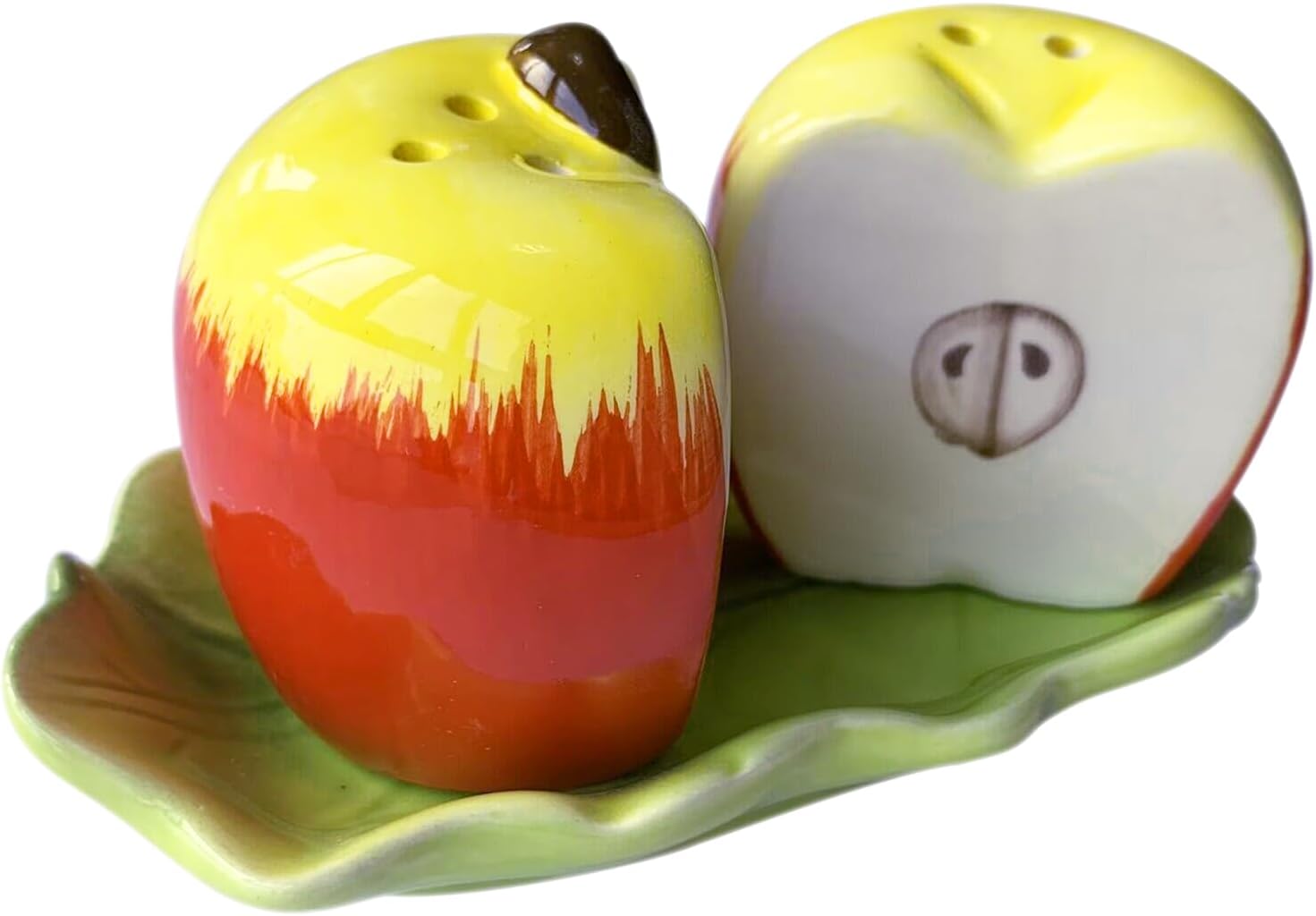 Juego de 2 saleros y pimenteros de frutas de cerámica, recipientes de almacenamiento para dispensadores de especias, manzana