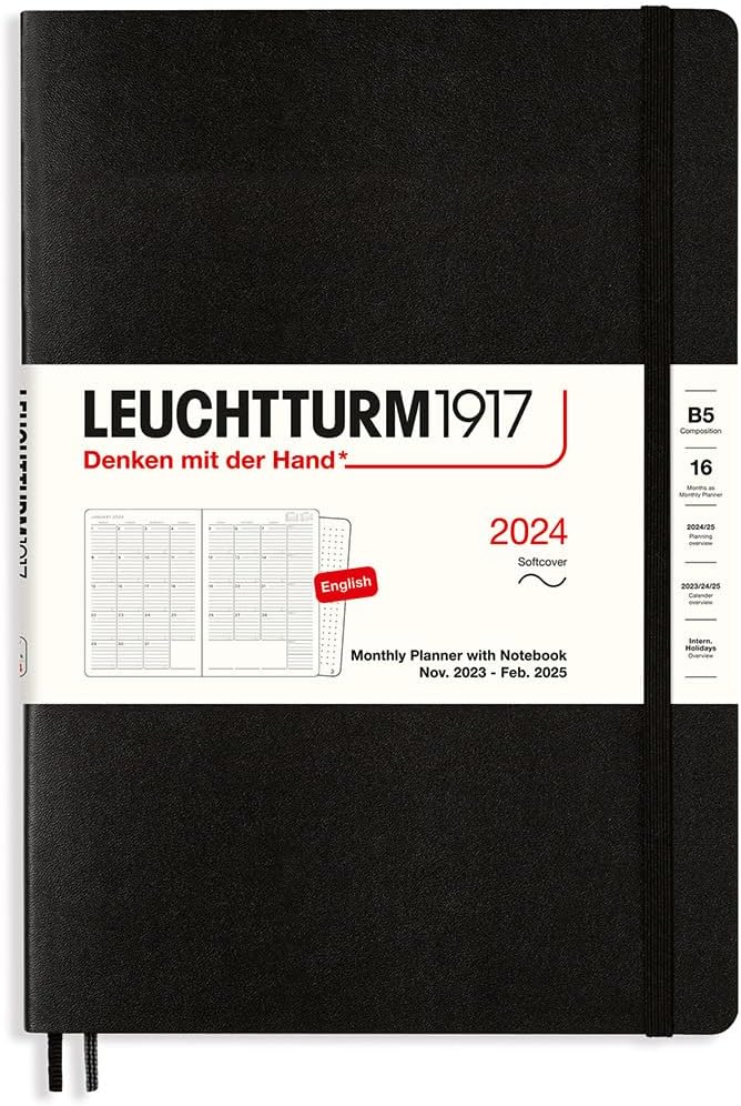 LEUCHTTURM1917 – Agenda mensual y cuaderno 2024 con folleto adicional, composición (B5) tapa blanda, negro (1 de noviembre de 2023 – 28 de febrero