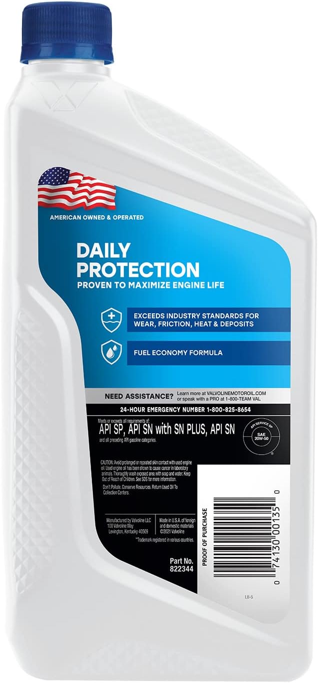 Valvoline – Aceite de motor Daily Protection convencional, 20W-50, protección diaria, 1cuarto de galón (paquete de 6unidades), el embalaje puede