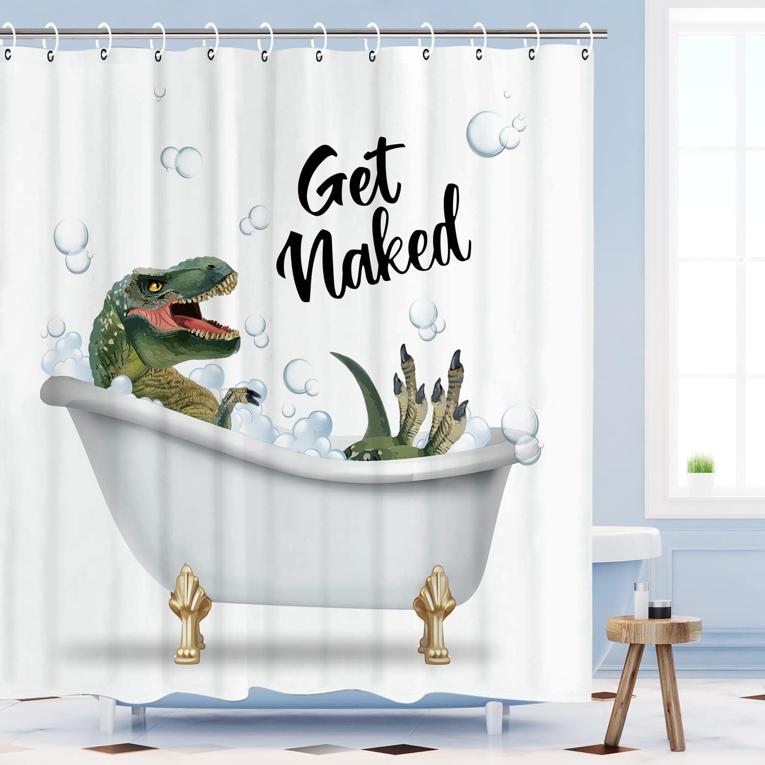 RosieLily Divertida cortina de ducha, juego de cortinas de ducha con 12 ganchos, cortina de ducha de dinosaurio, decoración de baño para niños, 72 x