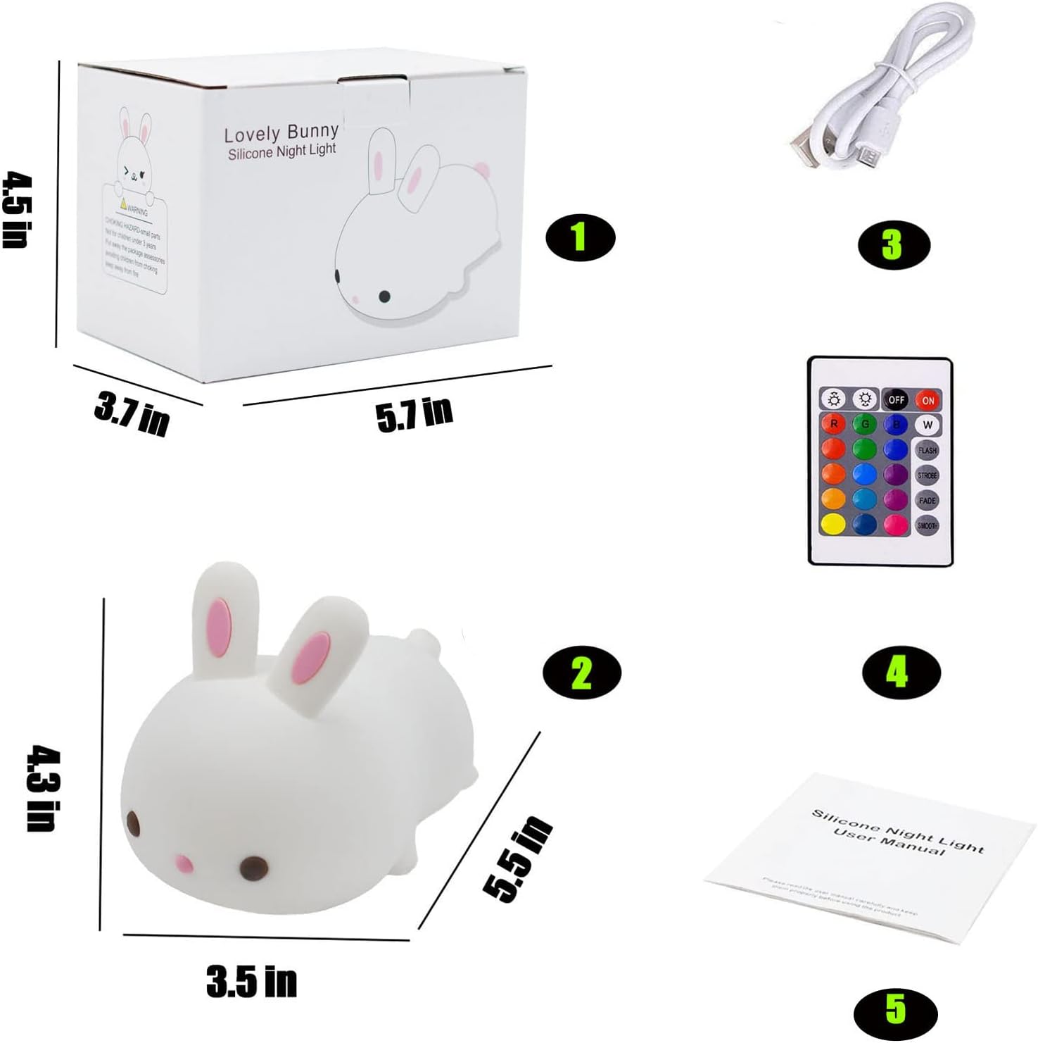 Linda luz nocturna de conejo, recargable por USB, luz nocturna con sensor táctil y control remoto, 4 modos, 16 colores, luz nocturna para niños,