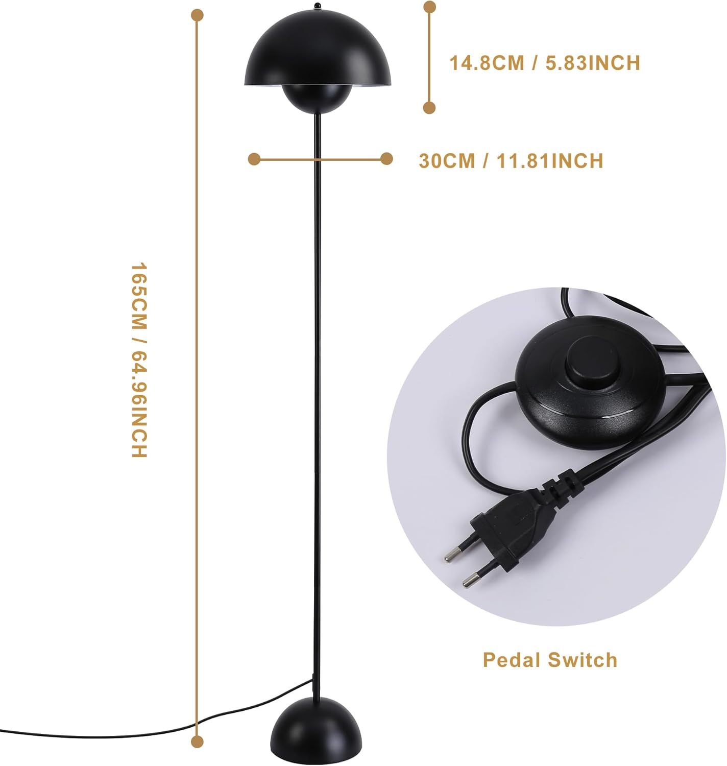 SUNLLOK Lámpara de pie negra para sala de estar, pantalla industrial de cúpula de metal con interruptor de pie, moderna lámpara de pie de lectura