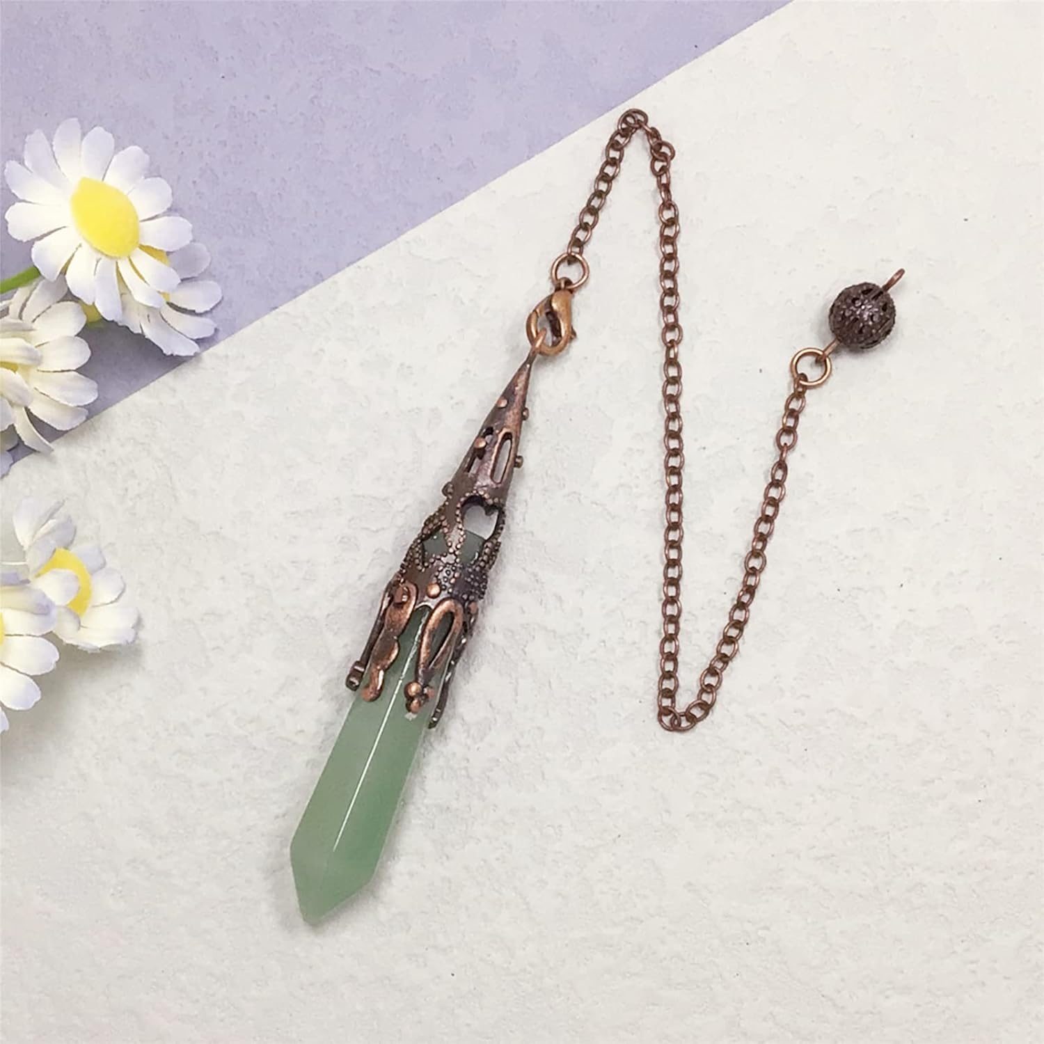 EDEN’S CALL Péndulo de bronce de cristal de aventurina verde curativo de 6 facetas para Wicca Dowsing colgante de piedra hexagonal con cadena para
