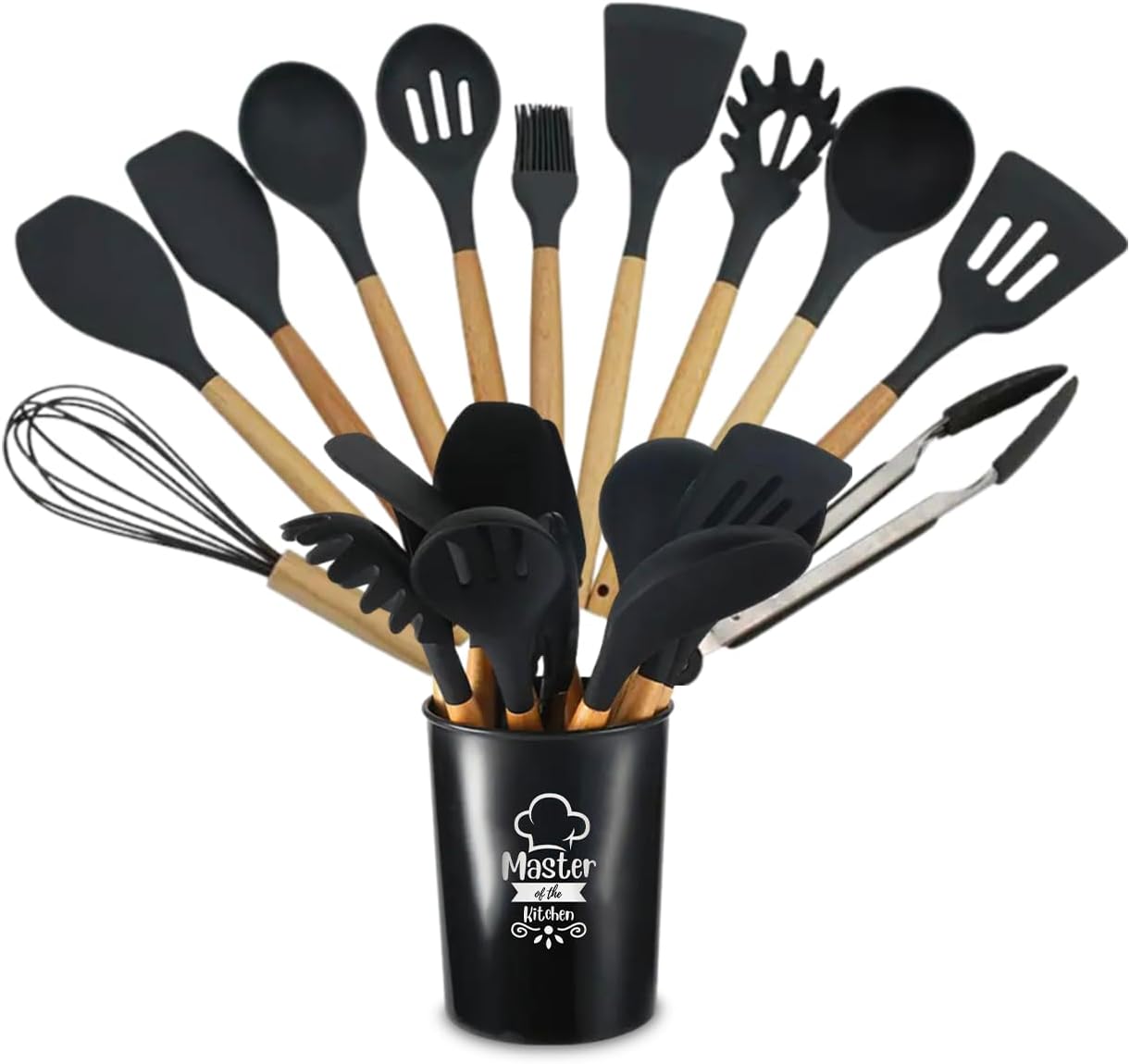 Juego de cocina de silicona, juego de 12 utensilios de cocina, mango de madera, almacenamiento de cubos, resistencia a altas temperaturas, sin