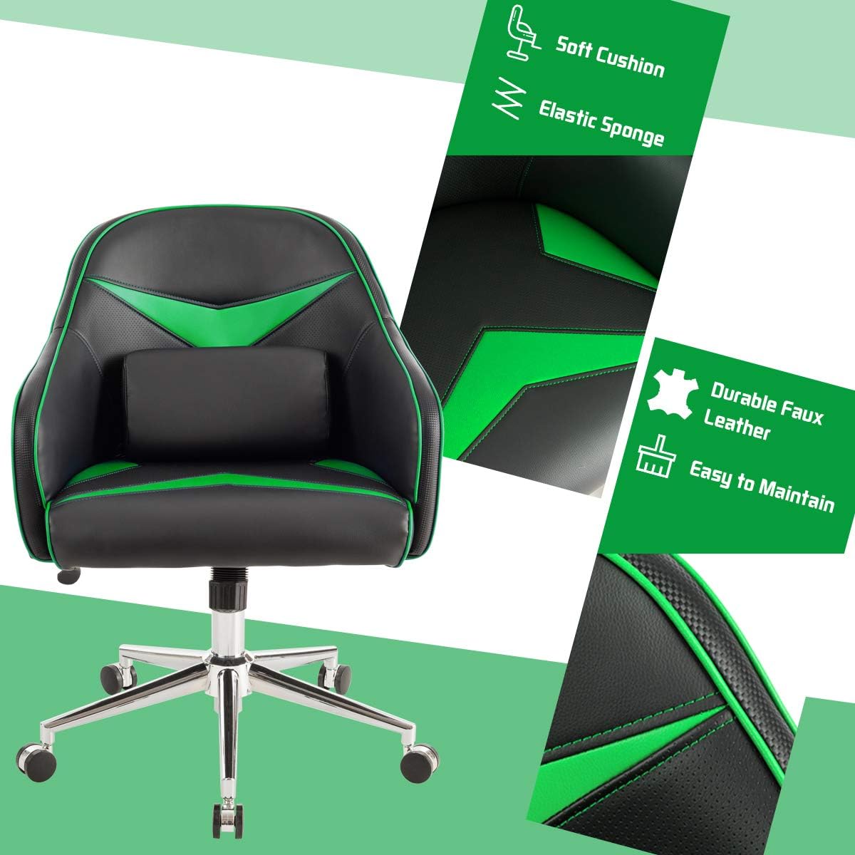 Giantex Silla de juegos de piel sintética, sillón de altura ajustable con respaldo medio con almohada lumbar de masaje, sillas de escritorio