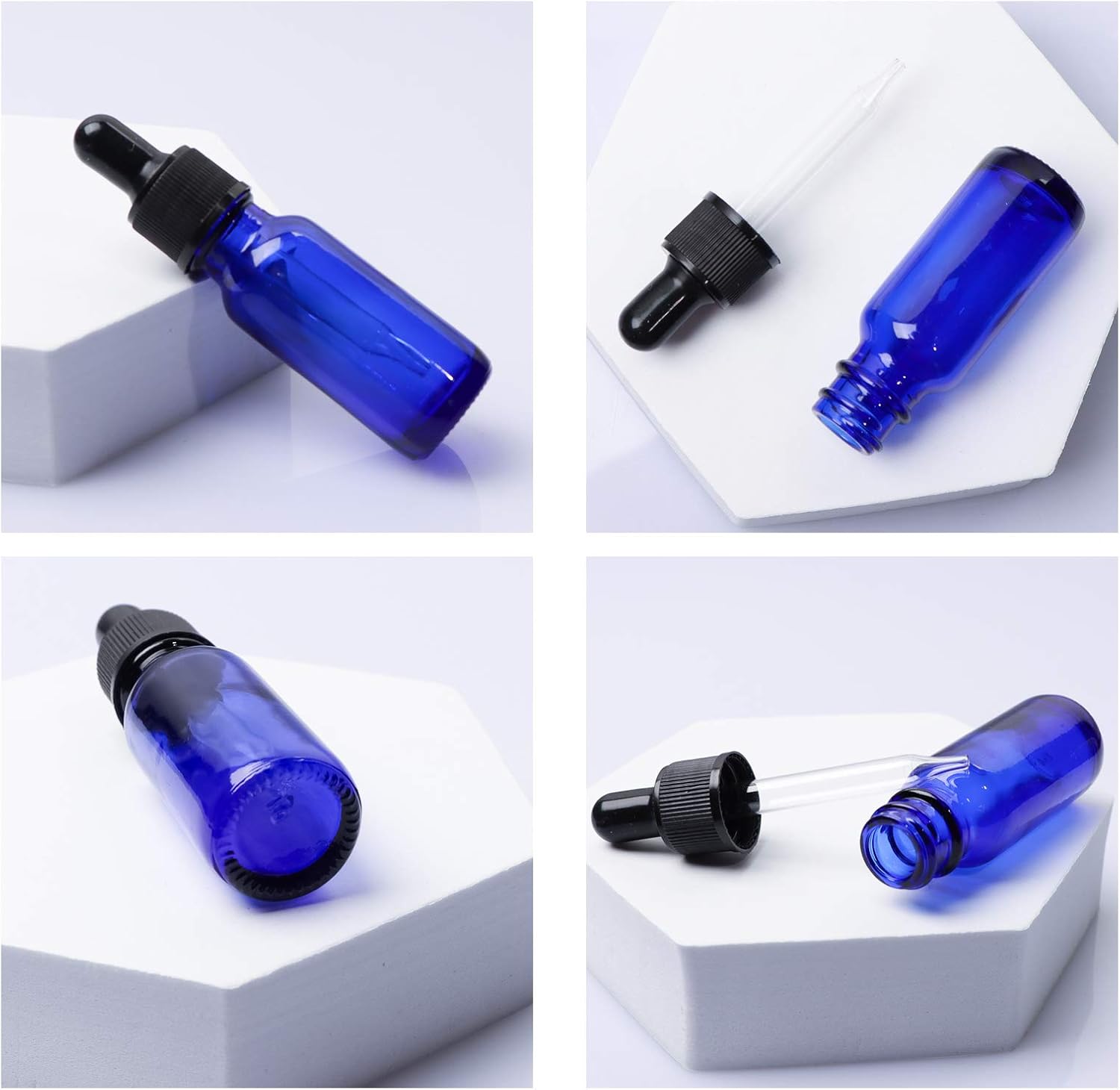 Paquete de 24 botellas de vidrio azul cobalto de 12 oz con cuentagotas de vidrio para aceites esenciales, perfumes y productos químicos de