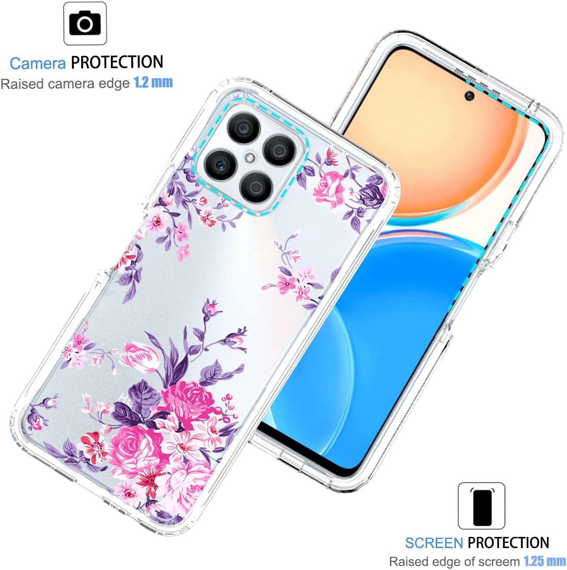 Vokuha Funda para Honor X8 (no compatible con X8 5G) TFY-LX1 TFY-LX2 con protector de pantalla de vidrio templado, funda protectora de TPU
