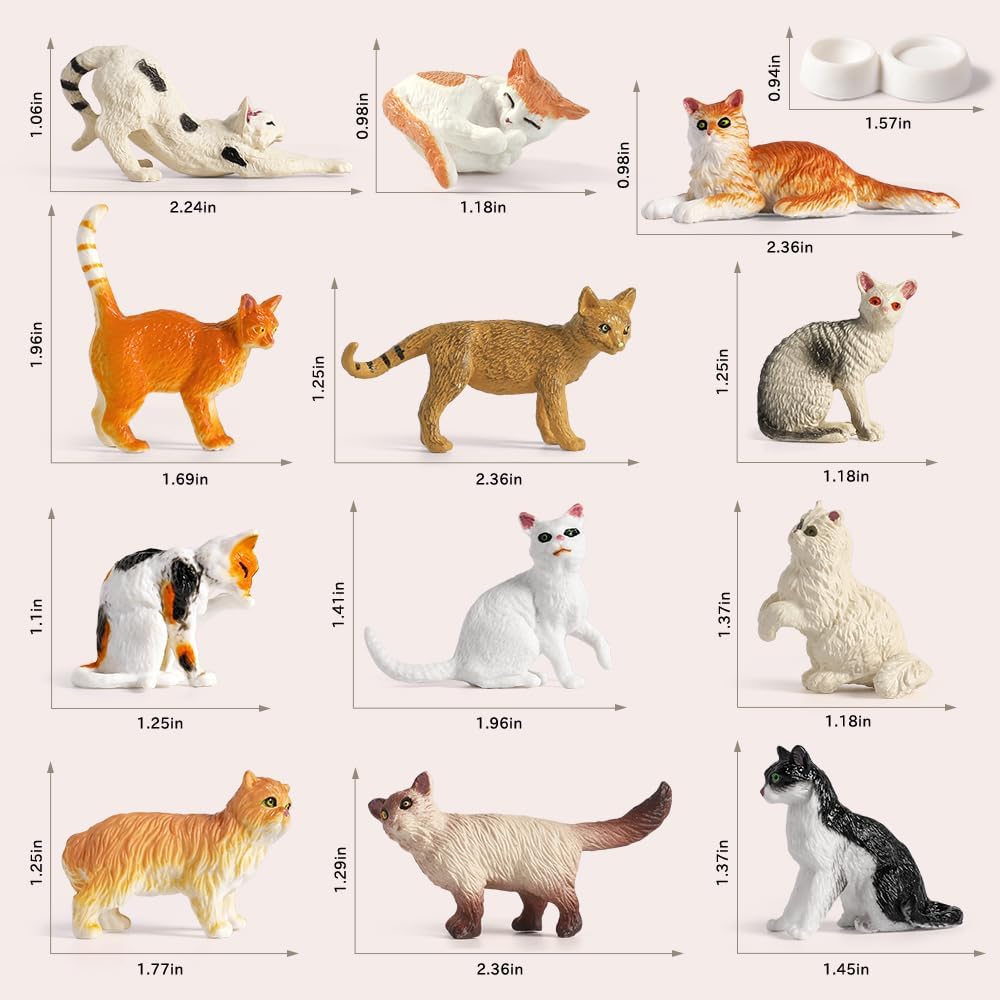 Mini Tudou Juego de figuras de gato de 12 piezas, juego de figuras de gato realistas con cuenco de comida, juguetes educativos para gatitos, figuras
