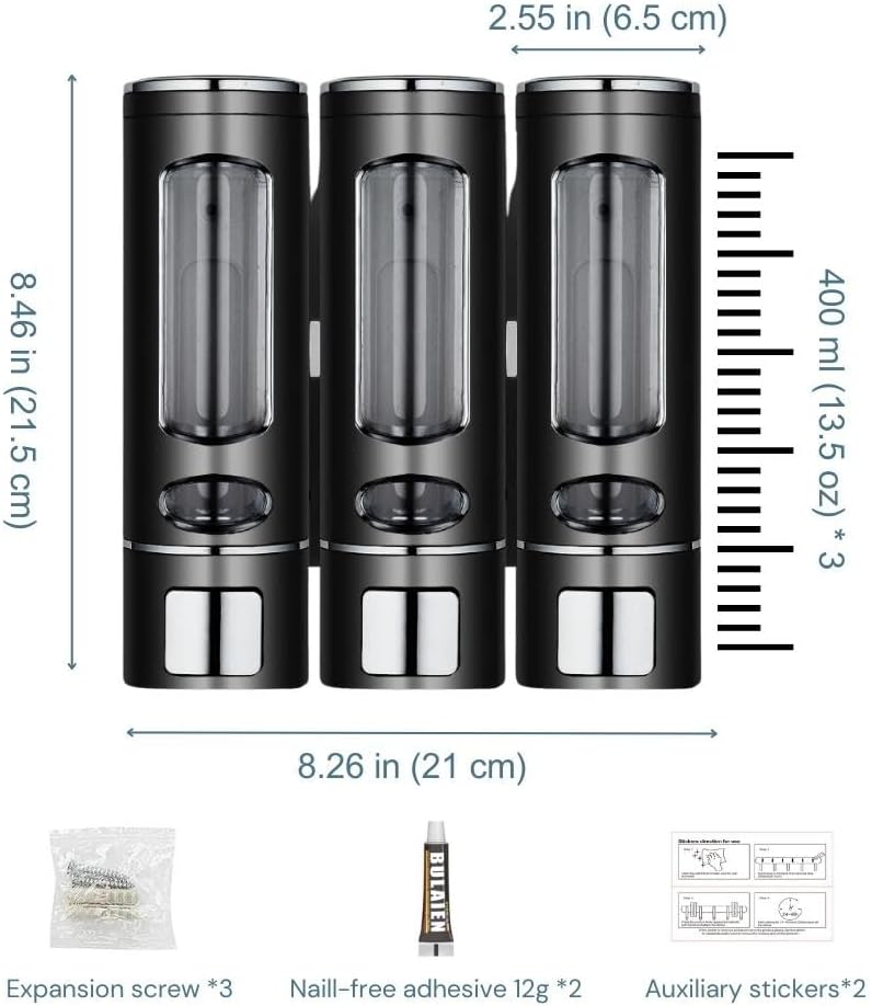 BQRIH Dispensador de champú y acondicionador, dispensador de champú de ducha 3 en 1, dispensador de champú de 3 cámaras sin taladro, dispensador de