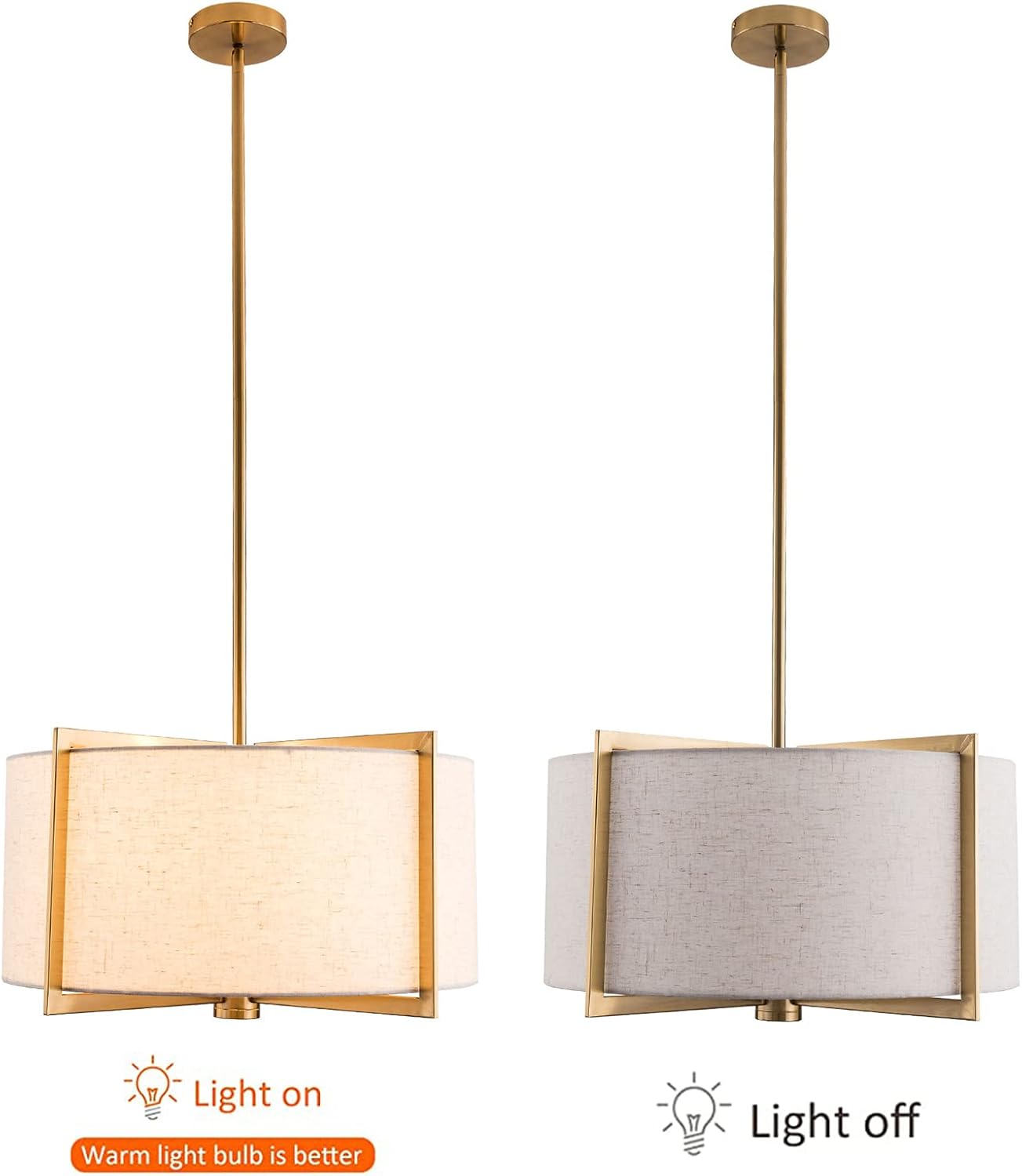 Lámpara colgante moderna de 20 pulgadas con 3 luces de tambor, lámpara colgante dorada con pantalla de tela gris plateado, altura ajustable, lámpara
