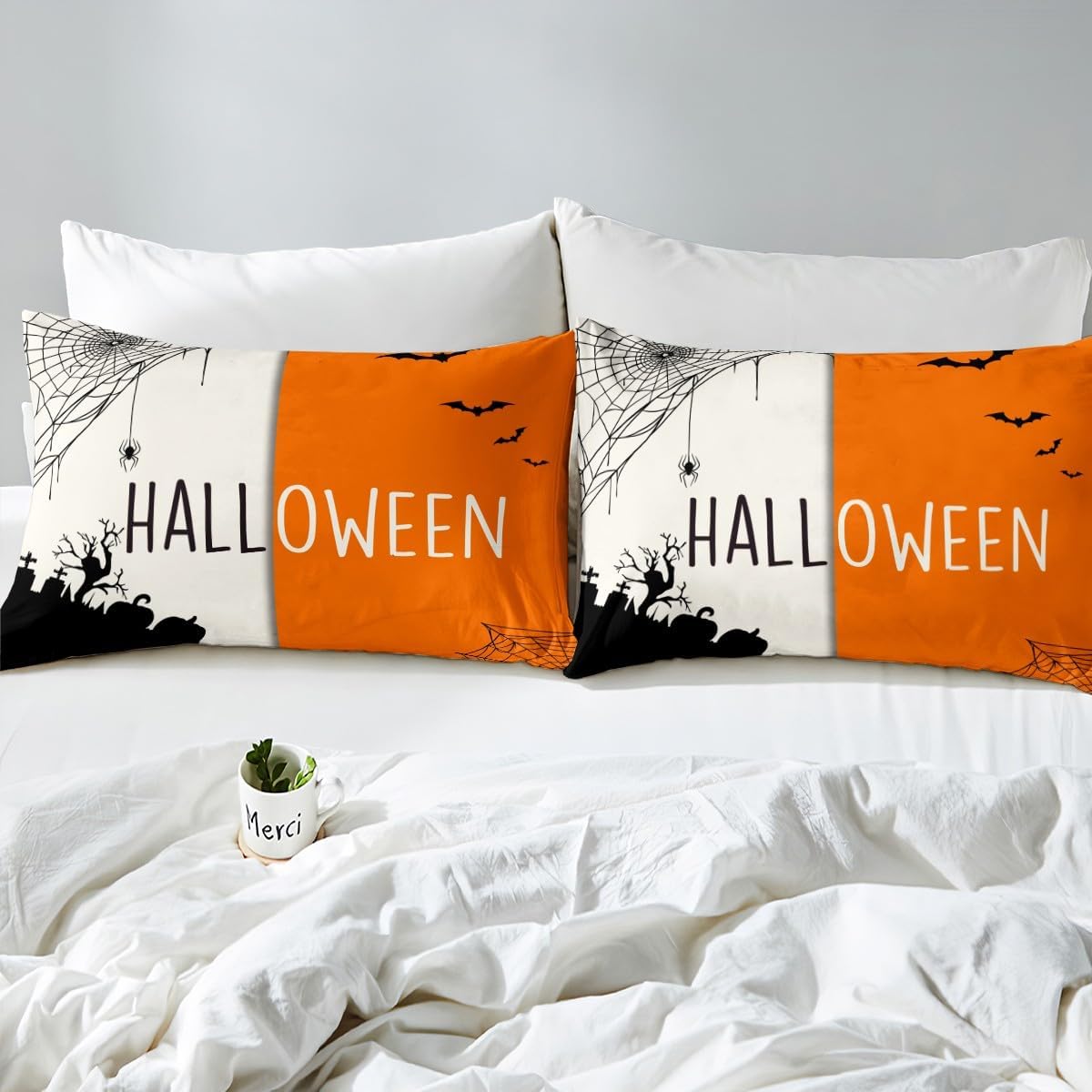 Feelyou Juego de ropa de cama de Halloween para niños y niñas, juego de funda de edredón vintage de Halloween, tamaño Queen, funda de edredón de