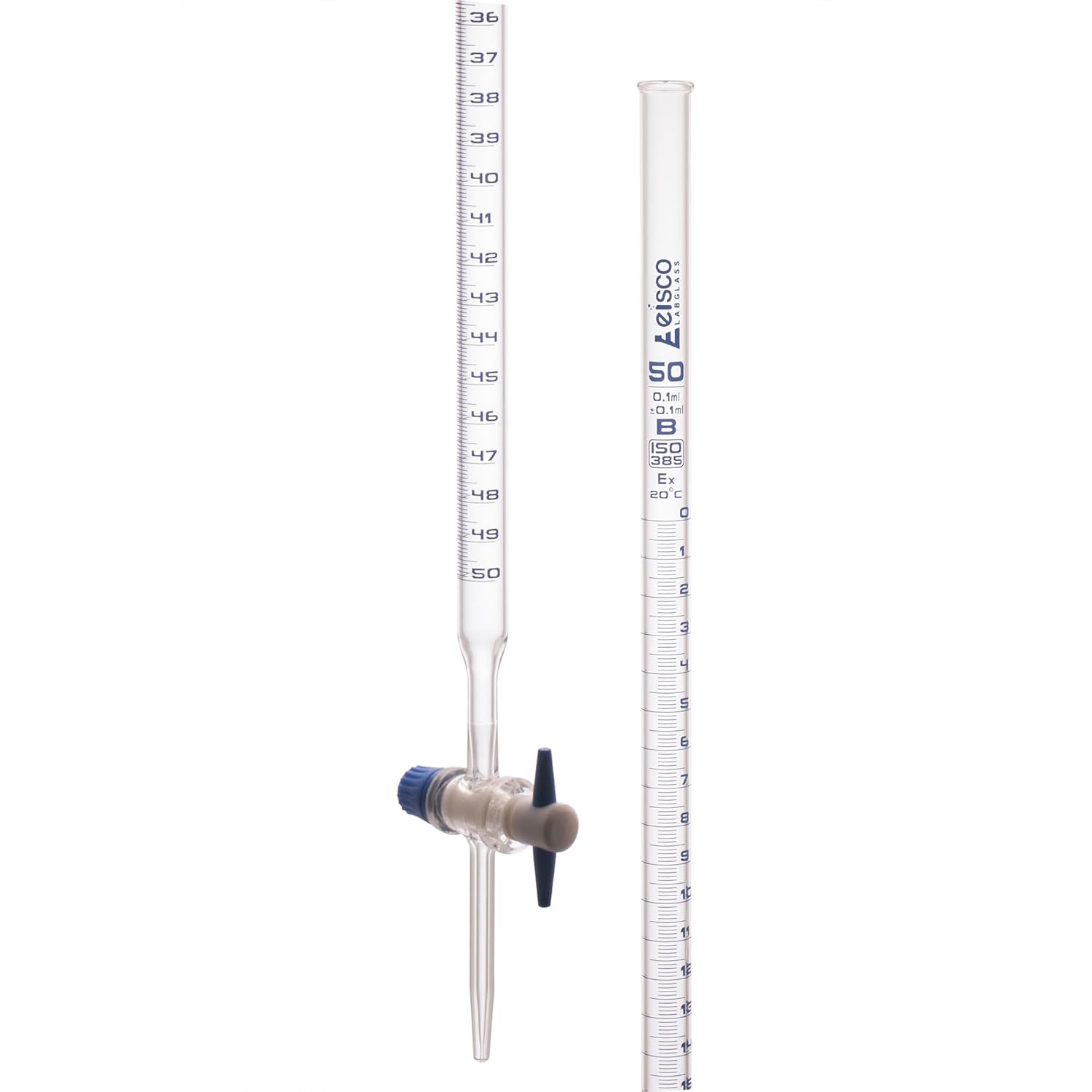 Burette, 50mL – Clase B – con llave de paso de PTFE – Graduaciones azules – Vidrio de borosilicato
