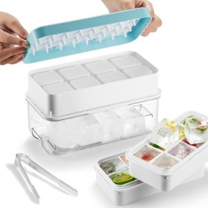Bandeja para cubitos de hielo con tapa y contenedor para congelador, súper fácil de liberar y apilable, bandejas grandes de cubitos de hielo de 8 Bandeja para cubitos de hielo con tapa y contenedor para congelador, súper fácil de liberar y apilable, bandejas grandes de cubitos de hielo de 8