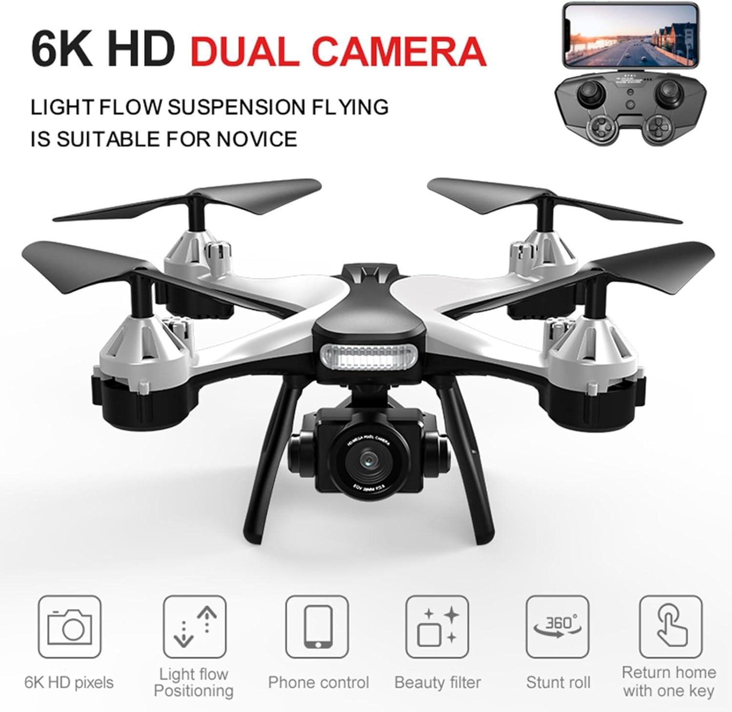 Gbsell Drone con cámara 4K para adultos, helicóptero cuadricóptero RC con retorno automático, sígueme, motor sin escobillas, vuelo circular, vuelo