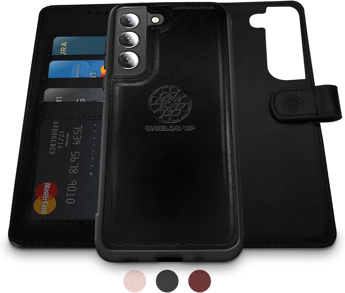 Shields Up Funda tipo cartera para Samsung Galaxy S21, magnética desmontable con tarjetero y correa para la muñeca, cuero vegano Funda protectora