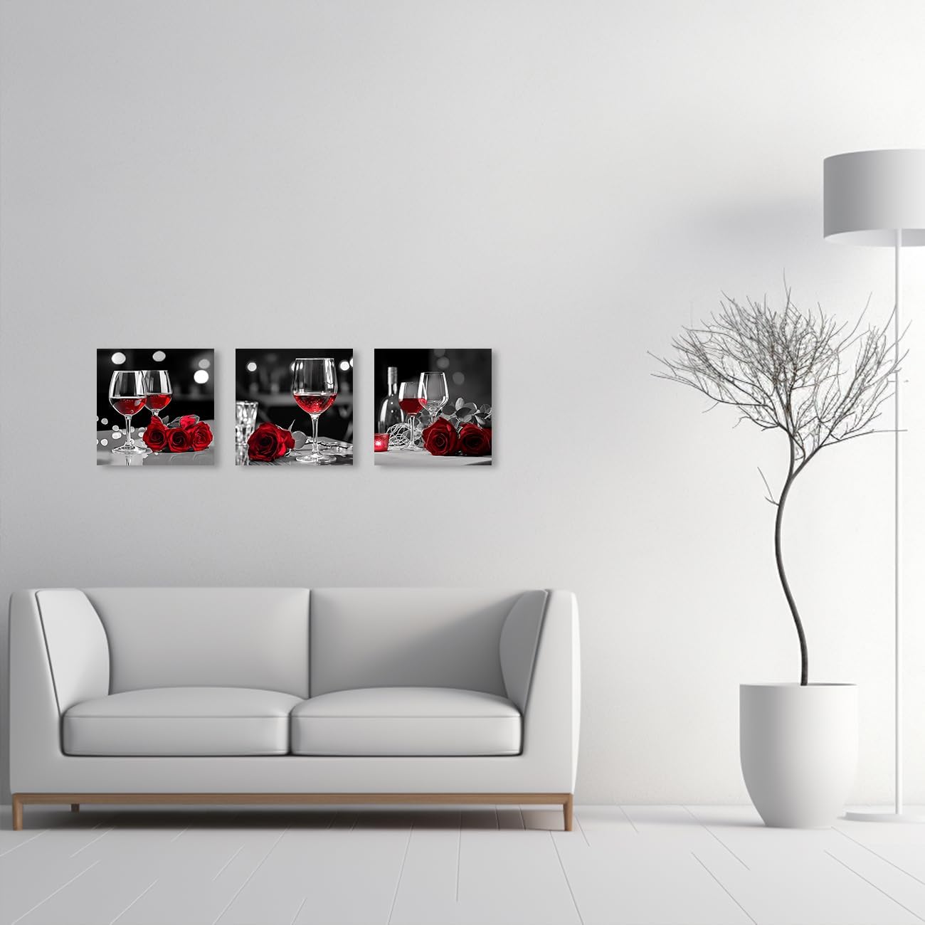 QIXIANG Lienzo de pared con rosas de vino tinto para decoración de cocina, 3 piezas de impresiones de imagen en blanco y negro para decoración de