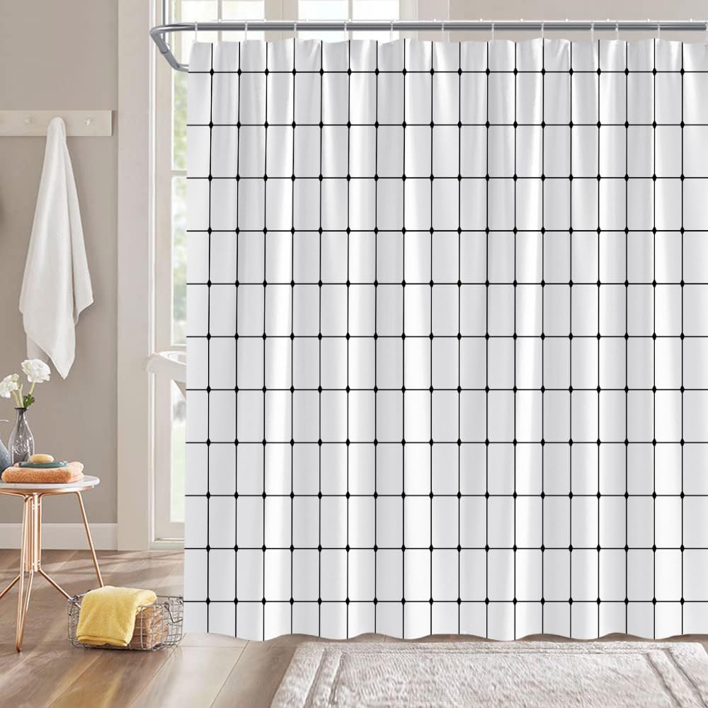 Cortina de ducha en blanco y negro, moderna, geométrica, línea de cuadrícula, bohemia, abstracta, minimalista, estética, cortina de baño de