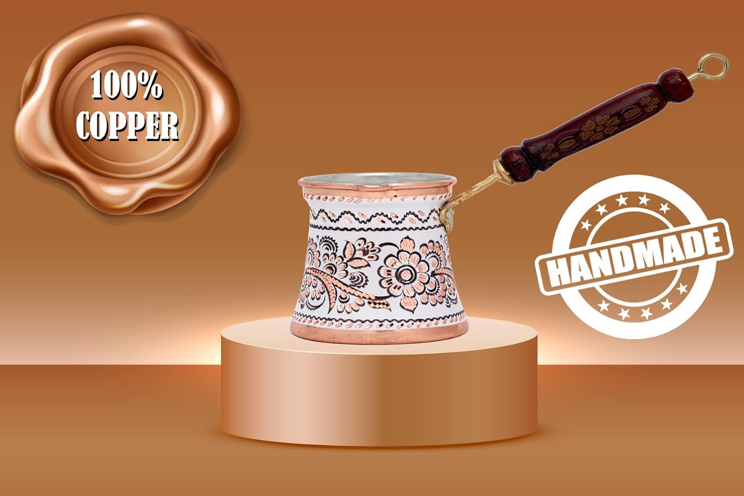 GOLDEN HORN Cezve Ibrik – Cafetera turca de cobre martillada grabada de 10 onzas con mango de madera, cafetera árabe pintada, cafetera griega Briki,