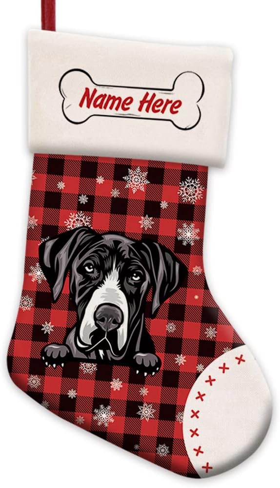 MALIHONG Paquete de 1 calcetín personalizado de Navidad con diseño de búfalo rojo a cuadros con encantador perro, gran danés, copo de nieve,