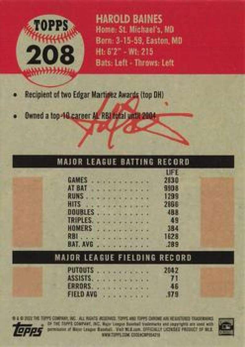 2022 Topps Chrome Platinum Anniversary #208 Harold Baines Chicago White Sox Official MLB Baseball Card in Raw (NM or Better) Condition