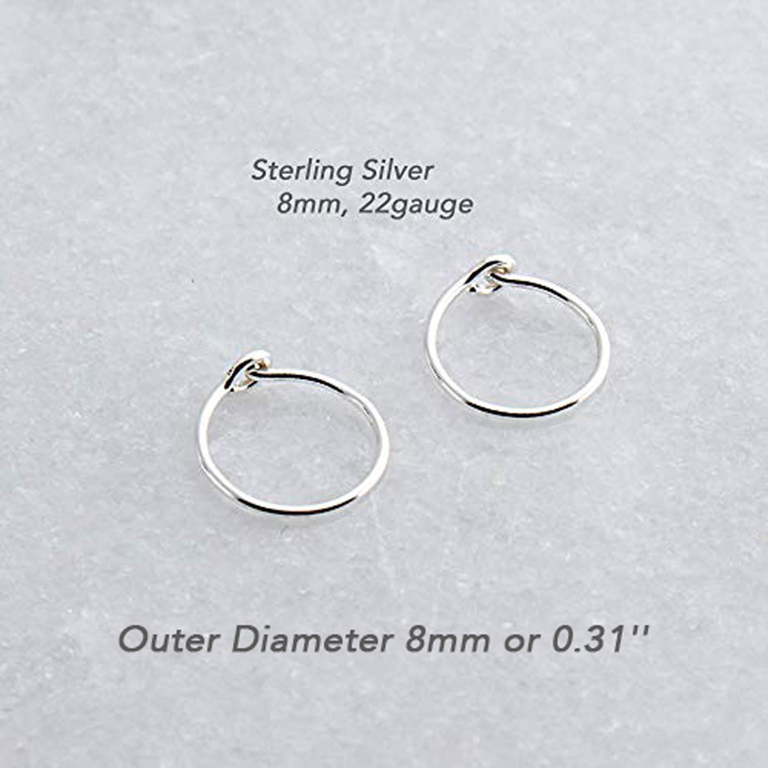 8mm Sterling Silver Open Hoop Hugger Small Cartilage Tragus Earrings Thin 22 Gauge Snap
