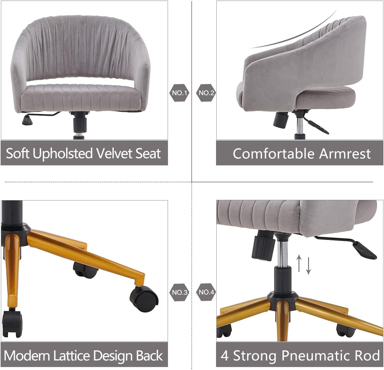 Silla de oficina en casa, silla giratoria de terciopelo, moderna y bonita silla de escritorio con base dorada para niñas y mujeres, asiento de