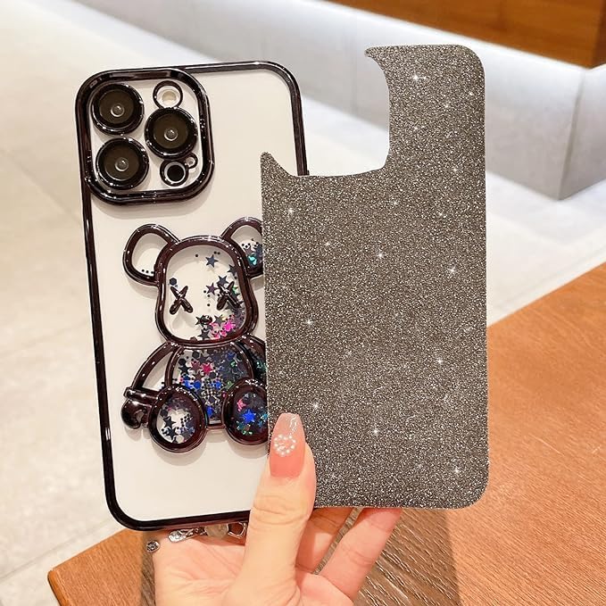 MANLENO Funda galvanizada con diseño de oso 3D para iPhone 15 Pro Max para mujer, funda protectora de cuerpo completo con purpurina flotante y