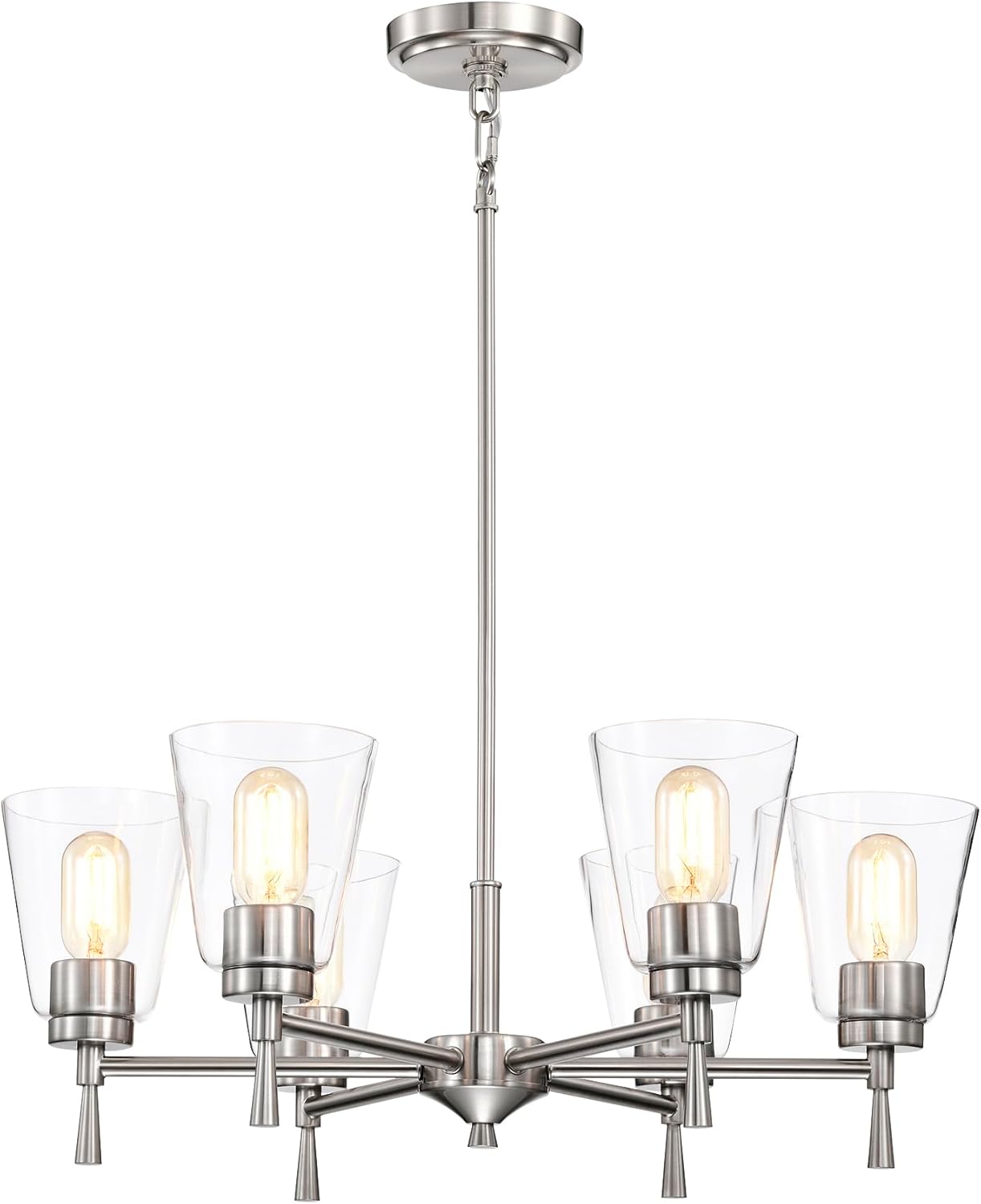 Edvivi Briarwood – Candelabro de níquel cepillado con pantallas de cristal de cono transparente, 6 luces modernas colgantes industriales para isla